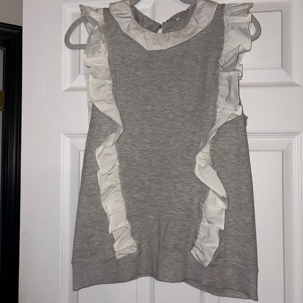 Ted Baker Gray and Cream Ruffle Blouse